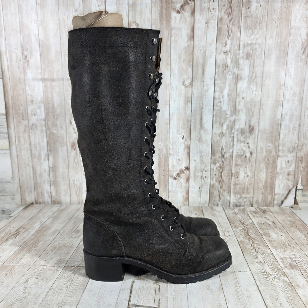 Frye Womens 8.5 M Tall Lace Up Combat Boots‎ Brown Suede Side Zip Made in USA